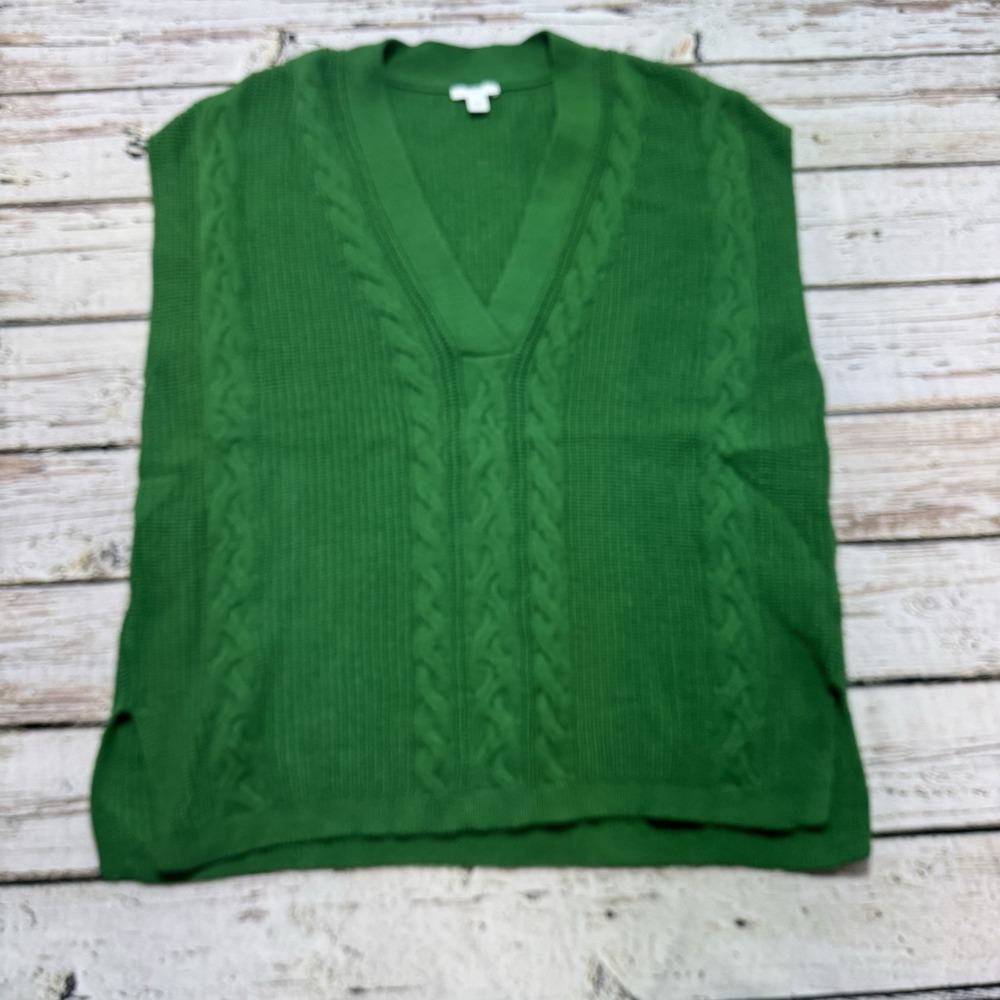 J. Jill Green Cable Knit V-Neck Oversized Sweater Vest Preppy Medium Holiday